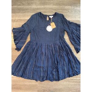 NEW Umgee Navy Blue Metallic Stripe Gauze‎ Babydoll Dress Bell Sleeve S